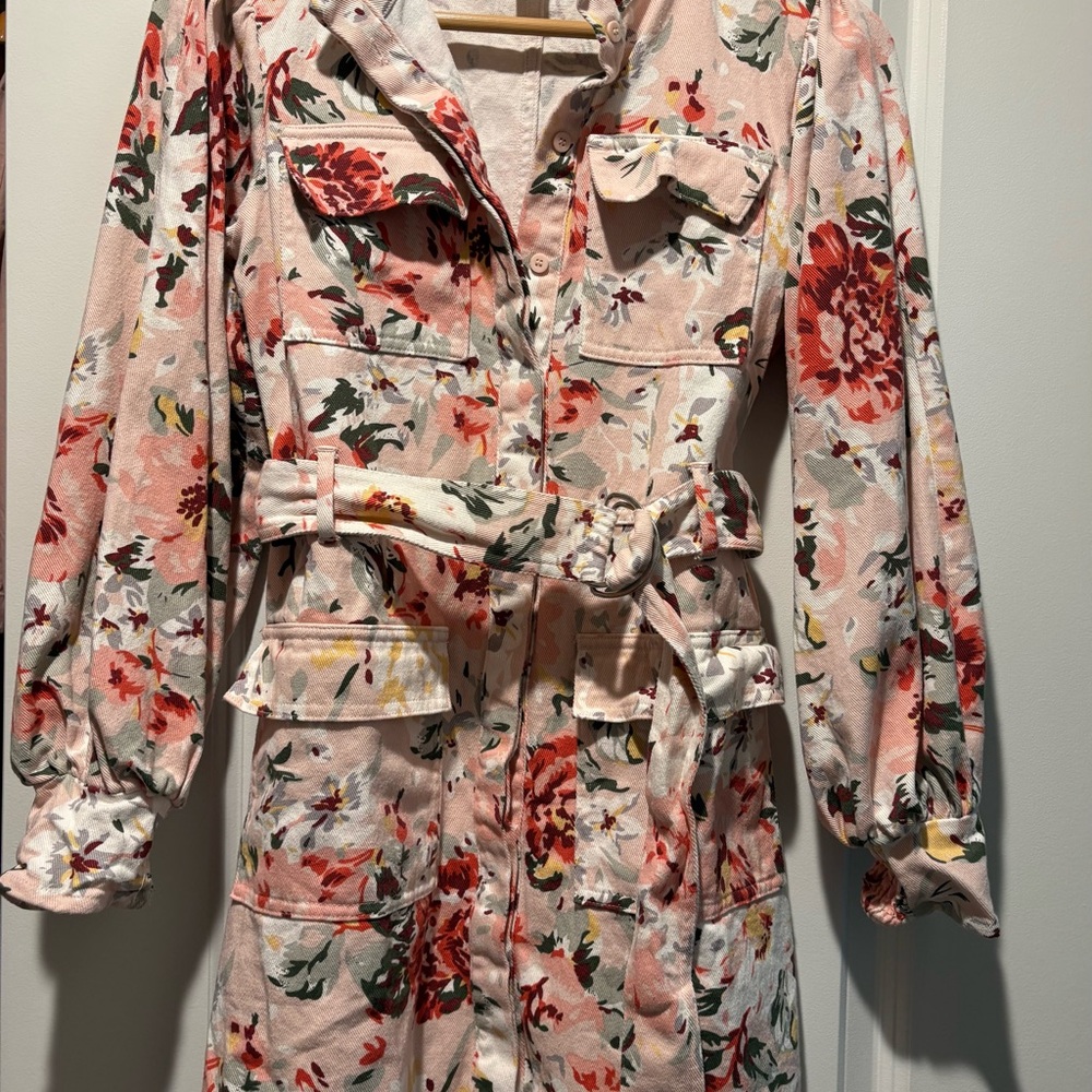 Anthropologie Pink Floral Tie-Waist Utility Jacket